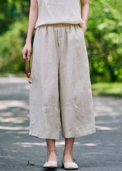 Elastic Waist Linen Pockets Summer Casual Pants Crop FashionChic