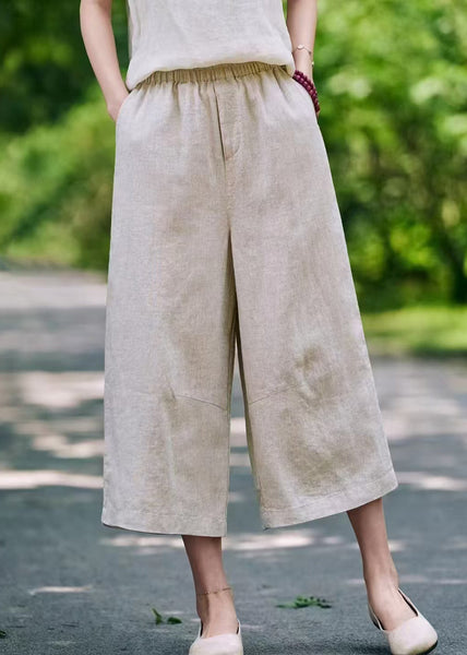Elastic Waist Linen Pockets Summer Casual Pants Crop FashionChic