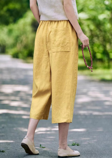 Elastic Waist Linen Pockets Summer Casual Pants Crop FashionChic