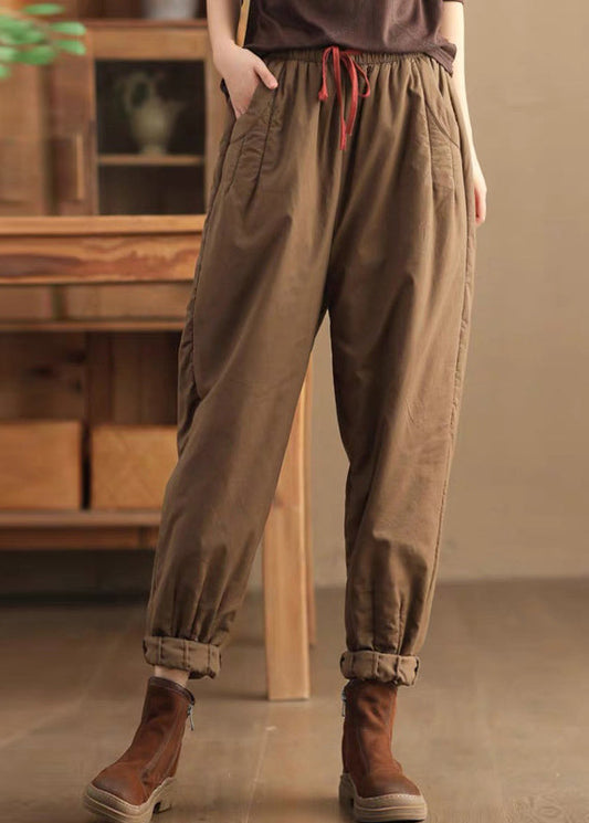 Casual Loose Coffee Pockets Elastic Waist Fine Cotton Filled Pants Winter TH043