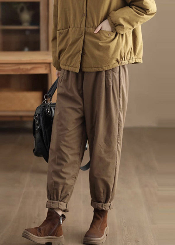 Casual Loose Coffee Pockets Elastic Waist Fine Cotton Filled Pants Winter TH043