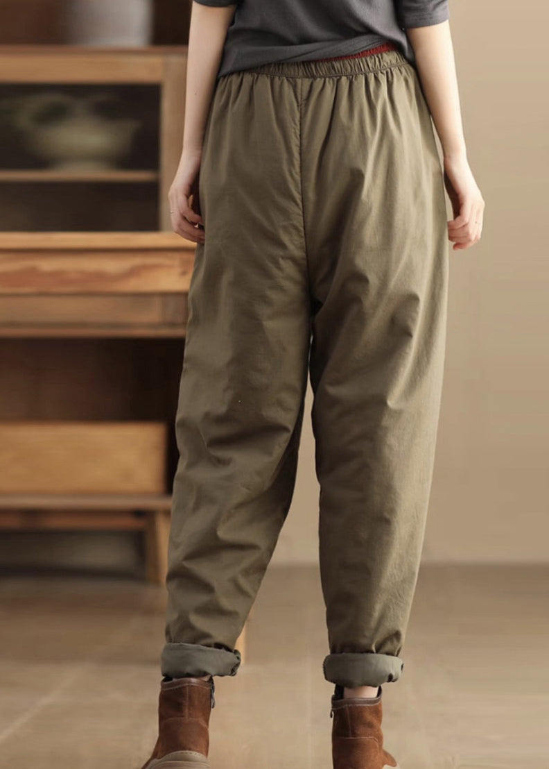 Casual Loose Coffee Pockets Elastic Waist Fine Cotton Filled Pants Winter TH043