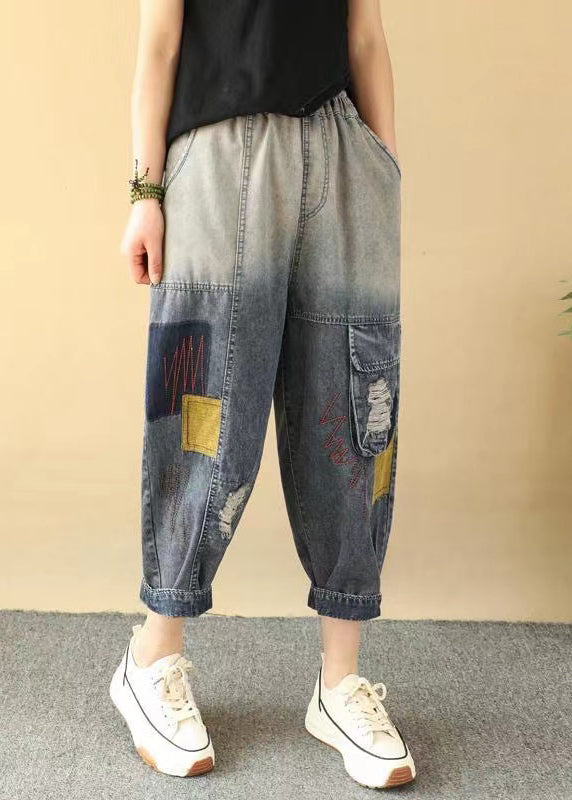 Casual Loose Gradient Color Elastic Waist Ripped Jeans Summer QQ1009 Ada Fashion