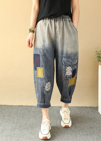 Casual Loose Gradient Color Elastic Waist Ripped Jeans Summer QQ1009 Ada Fashion