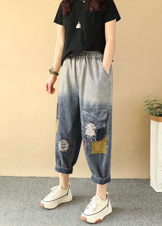 Casual Loose Gradient Color Elastic Waist Ripped Jeans Summer QQ1009 Ada Fashion