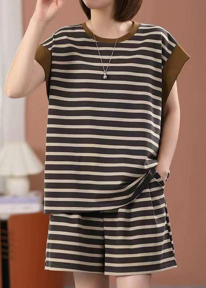 Casual Loose O Neck Striped Cotton Two Pieces Set Summer QK006 BB-TPIEC241022