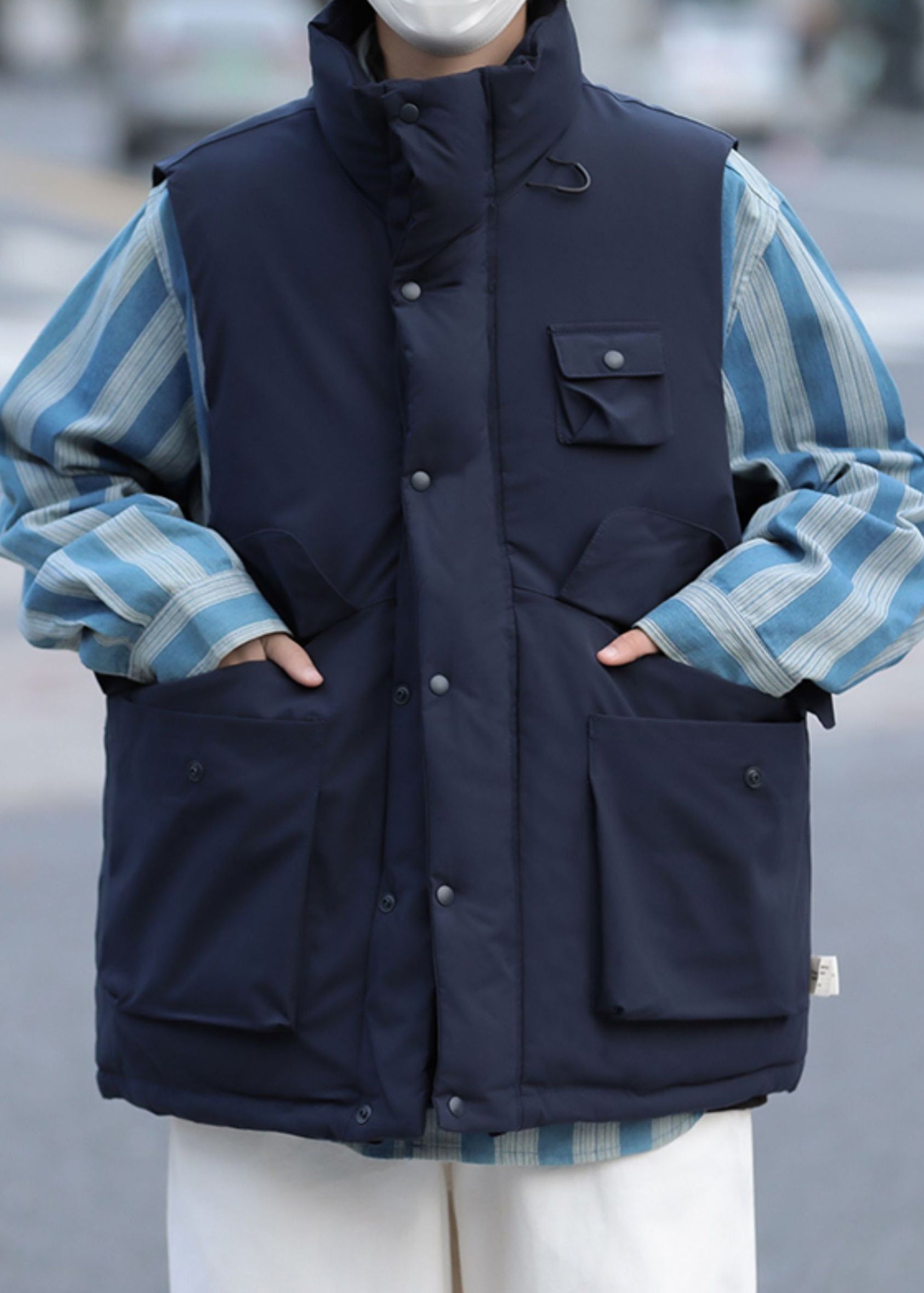 Casual Navy Button Pockets Cotton Filled Men Waistcoat Sleeveless EQ034 ABC