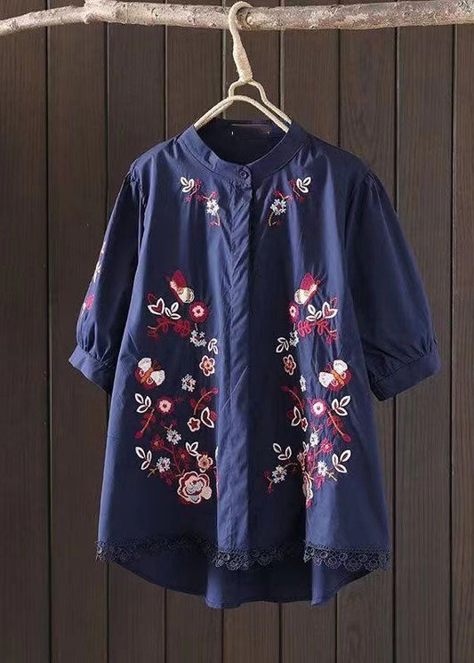 Casual Navy Embroidered Low High Design Cotton Blouse Top Summer AP008 GK-STP240718