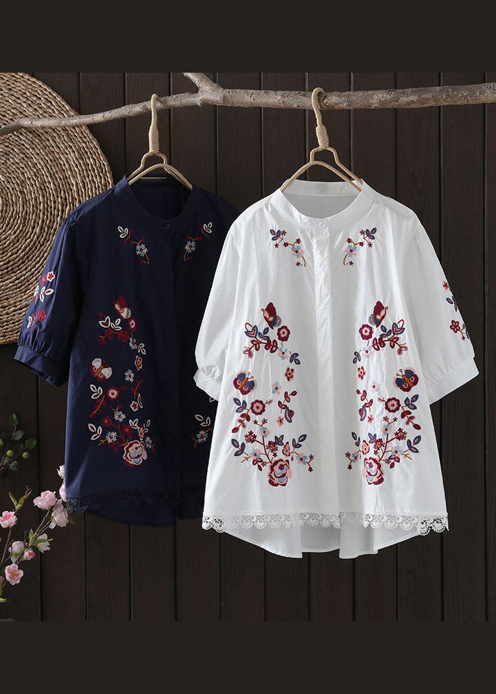 Casual Navy Embroidered Low High Design Cotton Blouse Top Summer AP008 GK-STP240718