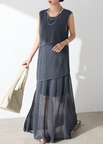 Navy Hollow Sets Out Pieces Sheer Women Sleeveless Tulle Casual 2 FashionChic