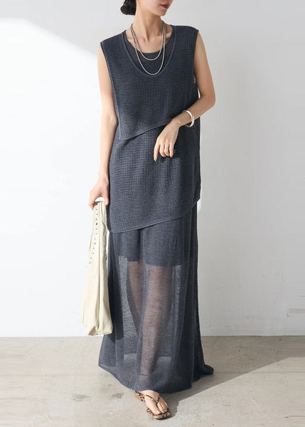 Navy Hollow Sets Out Pieces Sheer Women Sleeveless Tulle Casual 2 FashionChic