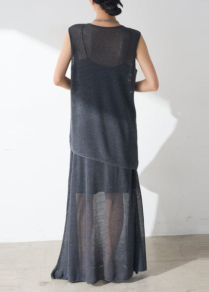 Navy Hollow Sets Out Pieces Sheer Women Sleeveless Tulle Casual 2 FashionChic