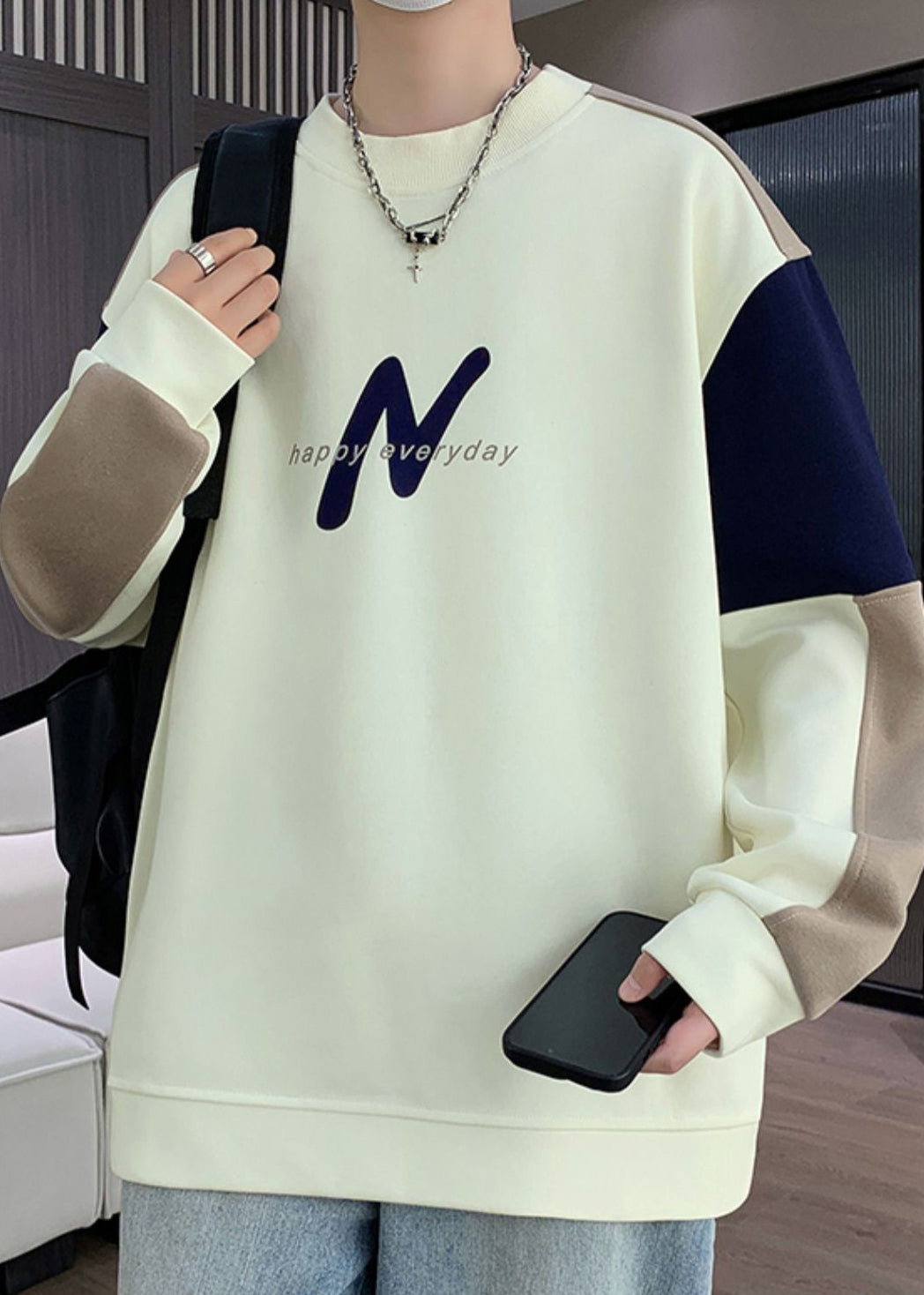 Casual Navy O Neck Patchwork Warm Fleece Mens Sweatshirts Winter RP061 ABC