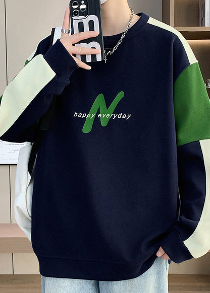 Casual Navy O Neck Patchwork Warm Fleece Mens Sweatshirts Winter RP061 ABC