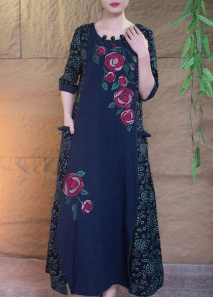 Casual Navy O-Neck Print Patchwork Side Open Robe Dresses Short Sleeve GH1066 Ada Fashion