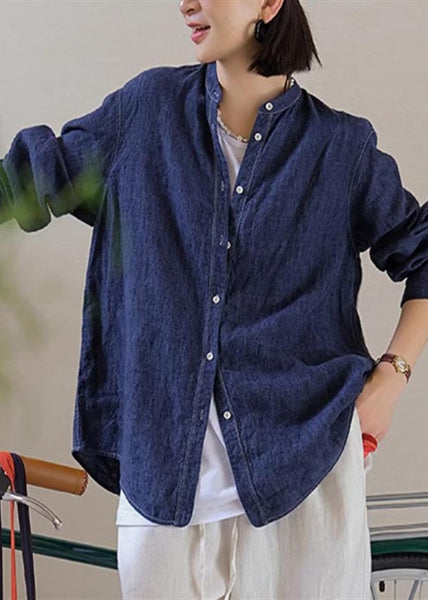Fall Navy Linen Oversized Top Shirt Casual FashionChic