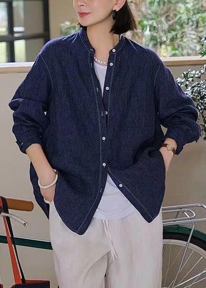Fall Navy Linen Oversized Top Shirt Casual FashionChic