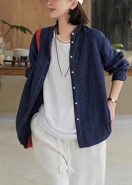 Fall Navy Linen Oversized Top Shirt Casual FashionChic