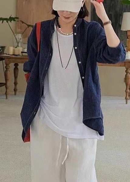 Fall Navy Linen Oversized Top Shirt Casual FashionChic