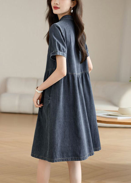 Summer Collar Pan Peter Casual Work Denim Navy Dress FashionChic