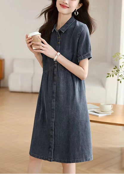 Summer Collar Pan Peter Casual Work Denim Navy Dress FashionChic