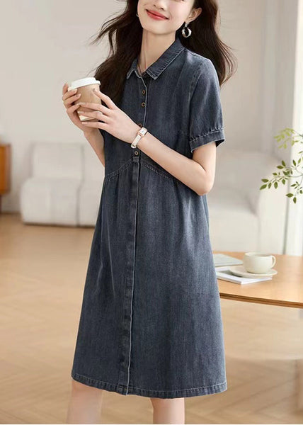 Dress Pan Collar Work Summer Peter Navy Denim Casual FashionChic