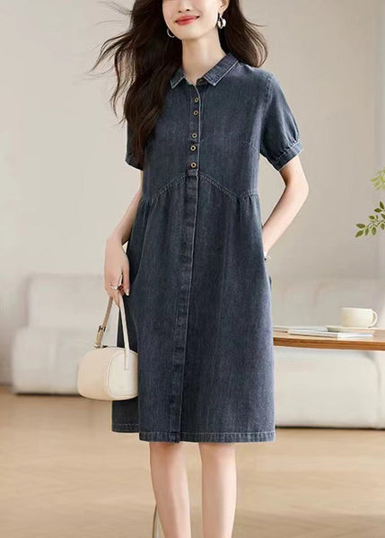 Summer Collar Pan Peter Casual Work Denim Navy Dress FashionChic