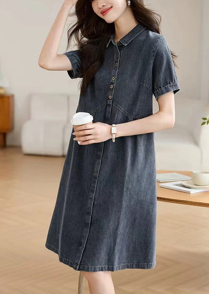 Summer Collar Pan Peter Casual Work Denim Navy Dress FashionChic