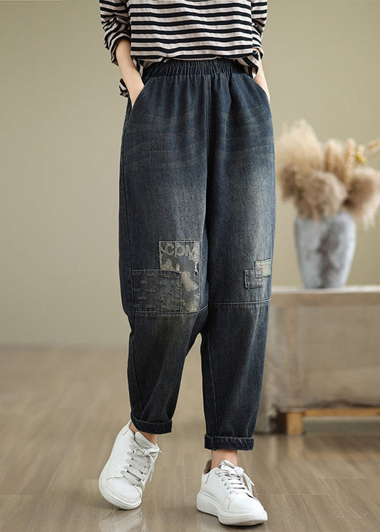 Casual Navy Pockets Applique Elastic Waist Denim Pants Fall QO079 OM-ZS241008