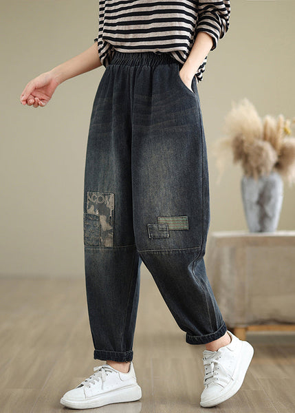 Casual Navy Pockets Applique Elastic Waist Denim Pants Fall QO079 OM-ZS241008