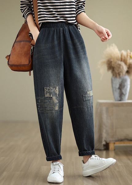 Casual Navy Pockets Applique Elastic Waist Denim Pants Fall QO079 OM-ZS241008