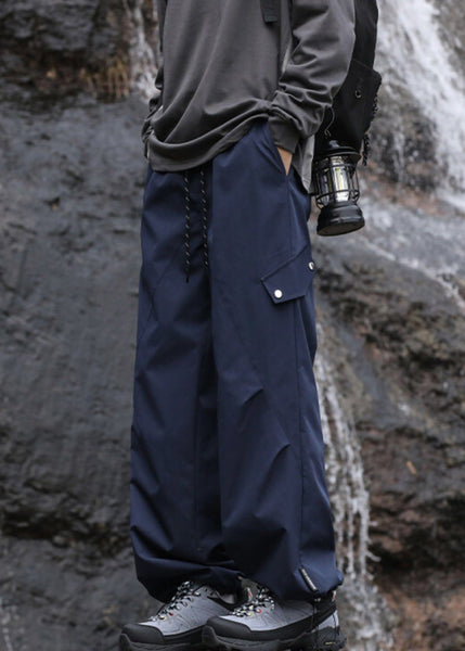 Navy Cotton Men Pockets Casual Fall Pantsl Drawstring FashionChic