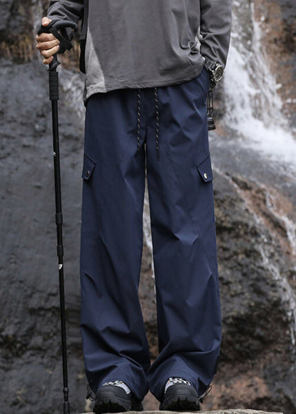 Navy Cotton Men Pockets Casual Fall Pantsl Drawstring FashionChic