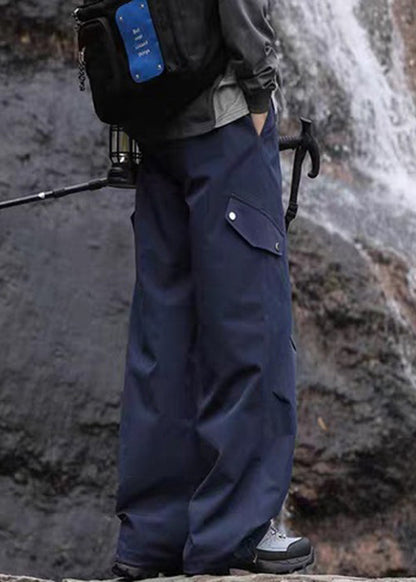 Navy Cotton Men Pockets Casual Fall Pantsl Drawstring FashionChic