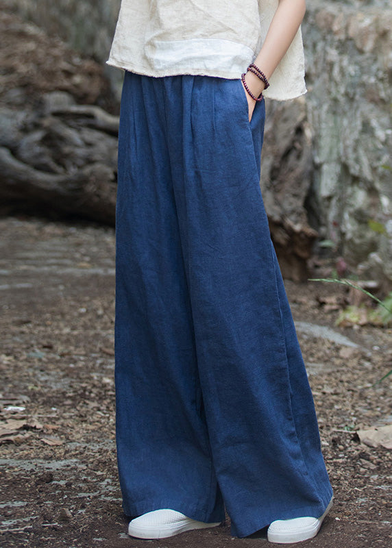 Casual Navy Pockets Elastic Waist Linen Wide Leg Pants Summer LK017 GK-LPTS240710