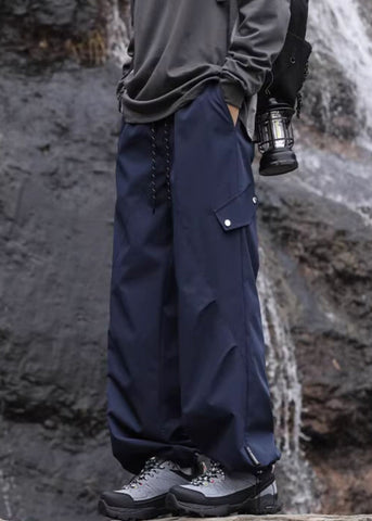 Pockets Navy Casual Lace Waist Elastic Pants Mens Up Cotton FashionChic