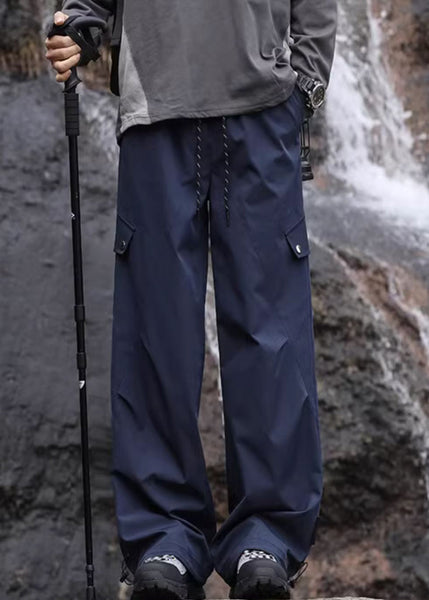 Pockets Navy Casual Lace Waist Elastic Pants Mens Up Cotton FashionChic