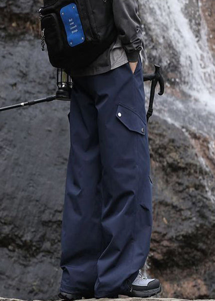 Pockets Navy Casual Lace Waist Elastic Pants Mens Up Cotton FashionChic