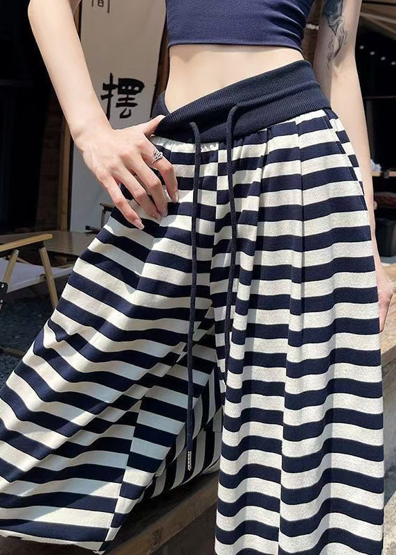 Striped Navy Cotton Elastic Pants Leg Waist Fall Casual Wide FashionChic