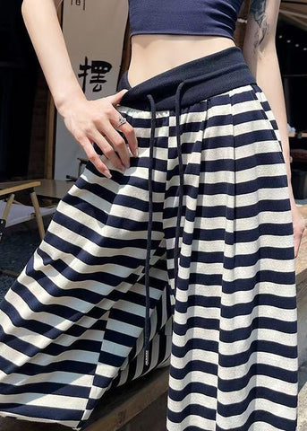 Striped Navy Cotton Elastic Pants Leg Waist Fall Casual Wide FashionChic