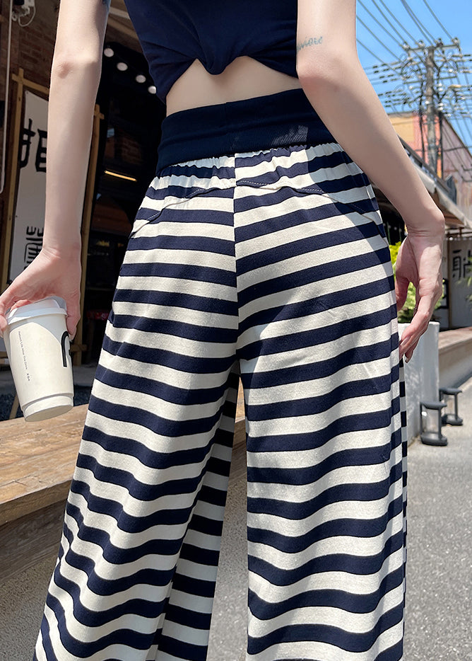 Striped Navy Cotton Elastic Pants Leg Waist Fall Casual Wide FashionChic