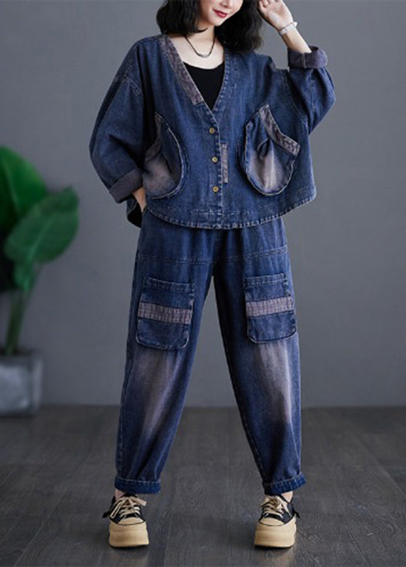 Casual Navy V Neck Patchwork Denim Coats And Harem Pants Two Pieces Sets Long Sleeve AP032 GK-TPIEC240718