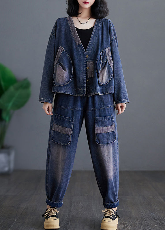 Casual Navy V Neck Patchwork Denim Coats And Harem Pants Two Pieces Sets Long Sleeve AP032 GK-TPIEC240718