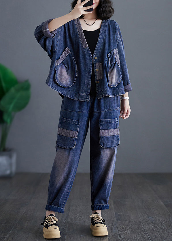 Casual Navy V Neck Patchwork Denim Coats And Harem Pants Two Pieces Sets Long Sleeve AP032 GK-TPIEC240718