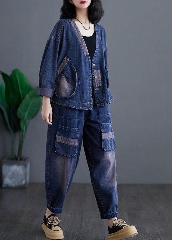 Casual Navy V Neck Patchwork Denim Coats And Harem Pants Two Pieces Sets Long Sleeve AP032 GK-TPIEC240718