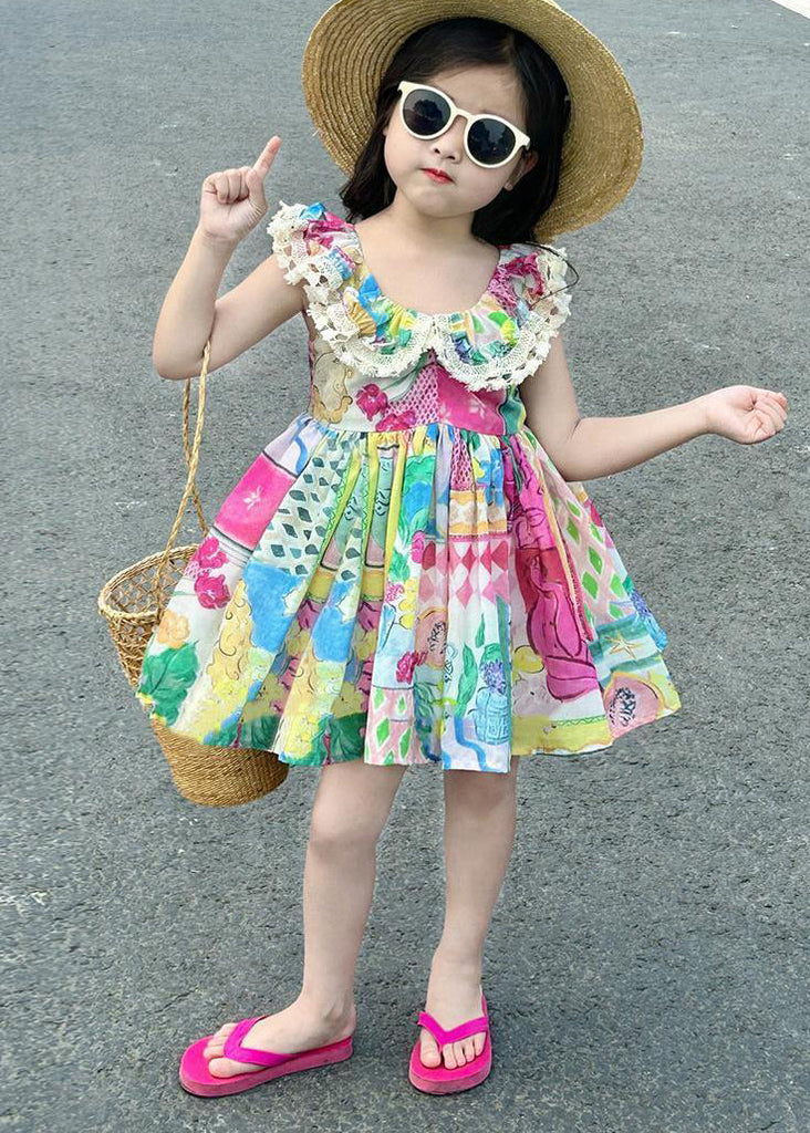 Casual O-Neck Print Patchwork Cotton Kids Mid Dress Sleeveless EW014 WS-JRTZSDM240810