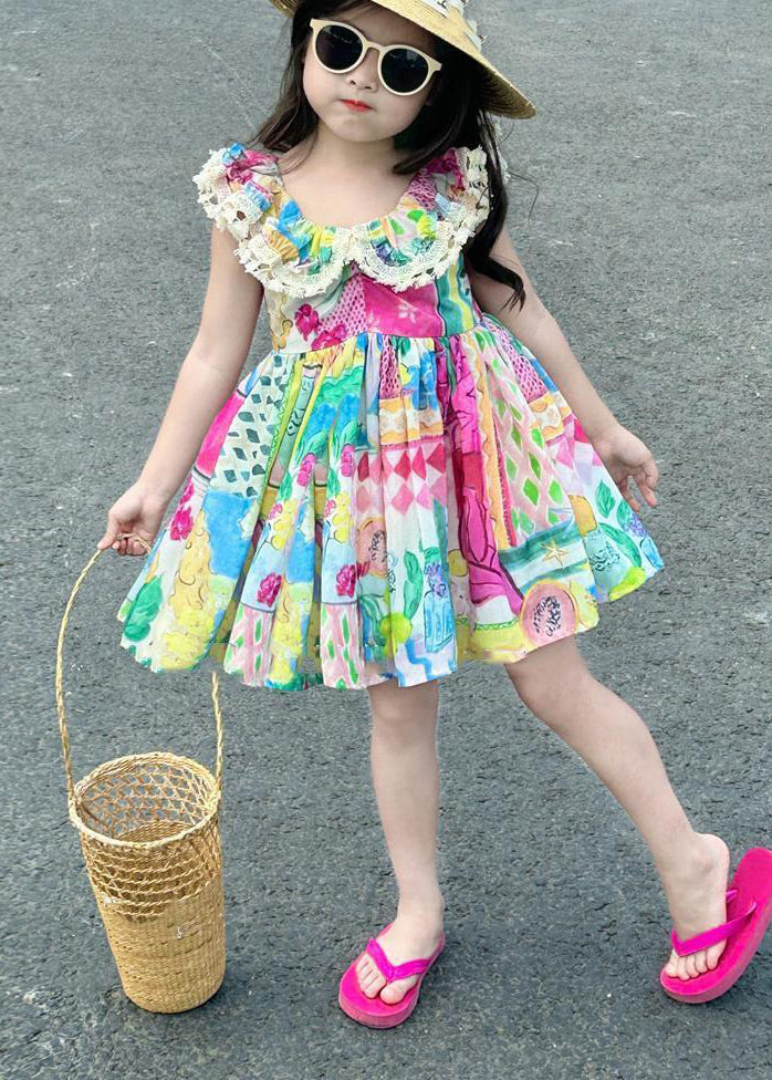 Casual O-Neck Print Patchwork Cotton Kids Mid Dress Sleeveless EW014 WS-JRTZSDM240810