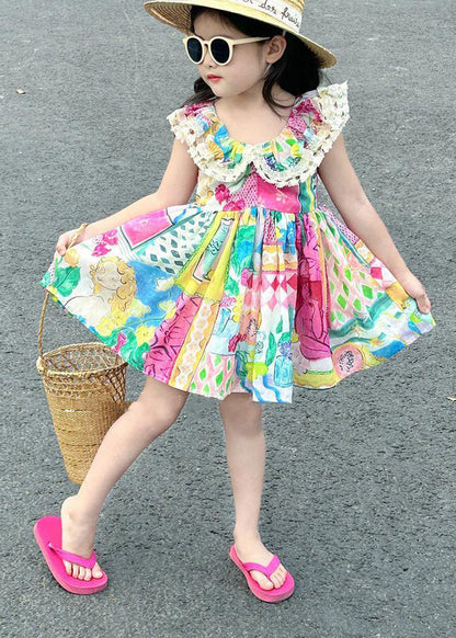 Casual O-Neck Print Patchwork Cotton Kids Mid Dress Sleeveless EW014 WS-JRTZSDM240810