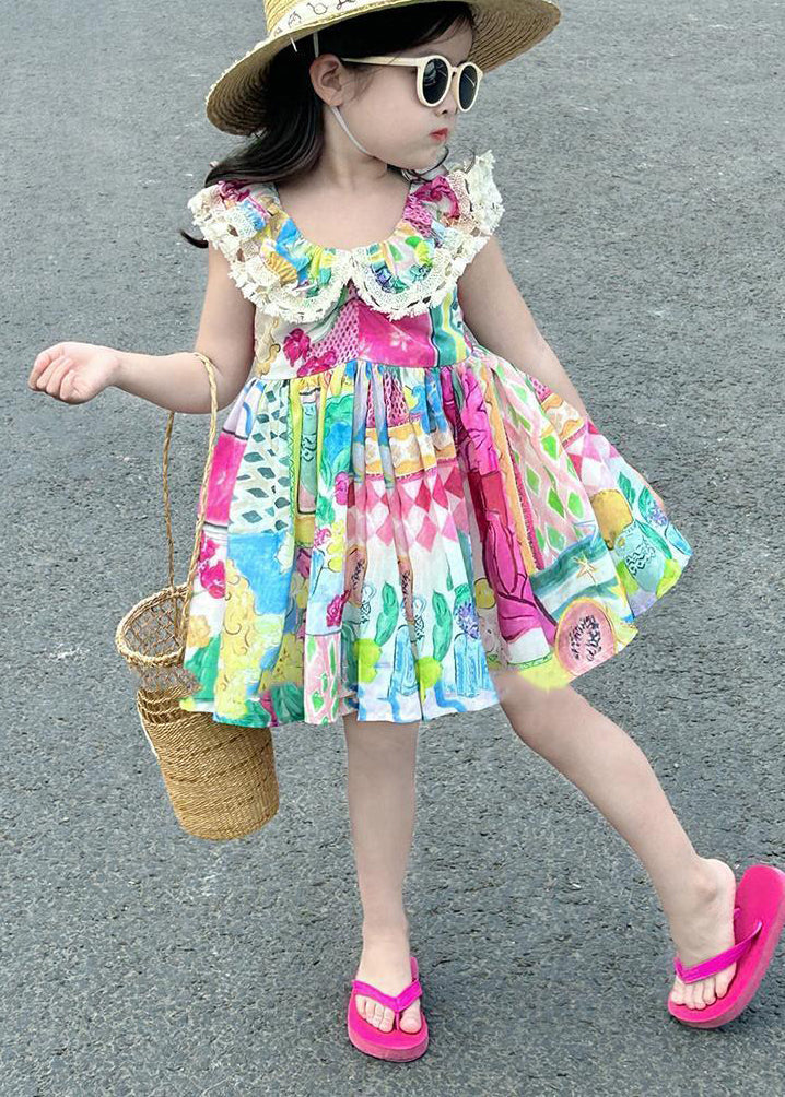 Casual O-Neck Print Patchwork Cotton Kids Mid Dress Sleeveless EW014 WS-JRTZSDM240810