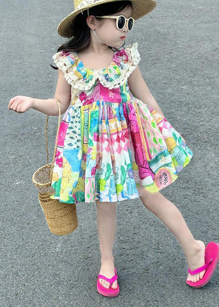 Casual O-Neck Print Patchwork Cotton Kids Mid Dress Sleeveless EW014 WS-JRTZSDM240810